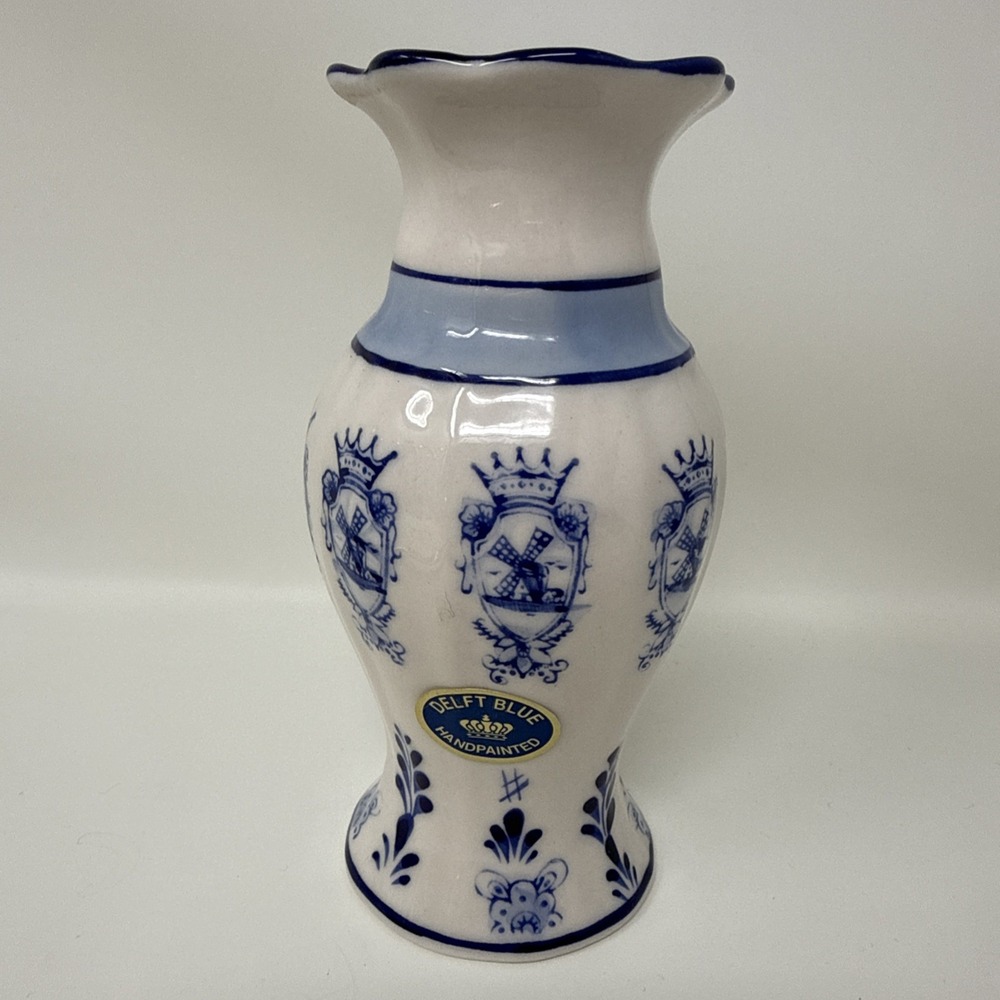 Delft Blue and White Ceramic Vase Floral Pattern Windmill Motif Decorative 6"